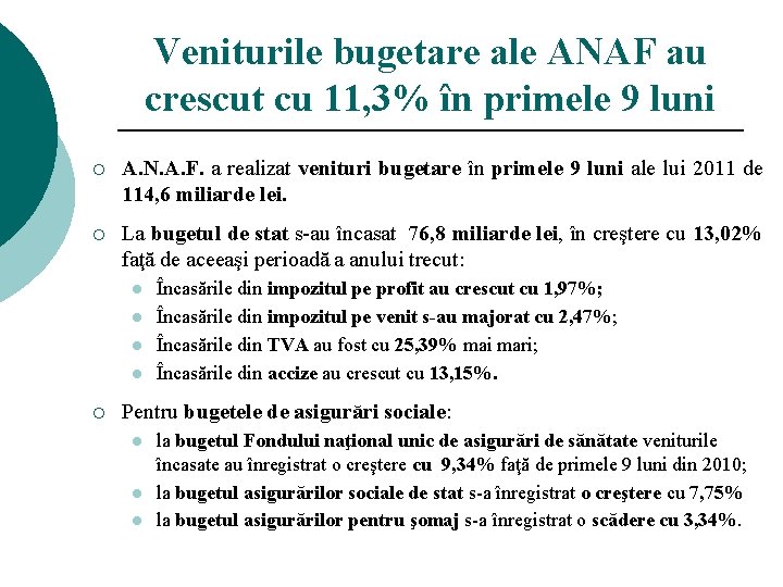 Veniturile bugetare ale ANAF au crescut cu 11, 3% în primele 9 luni ¡