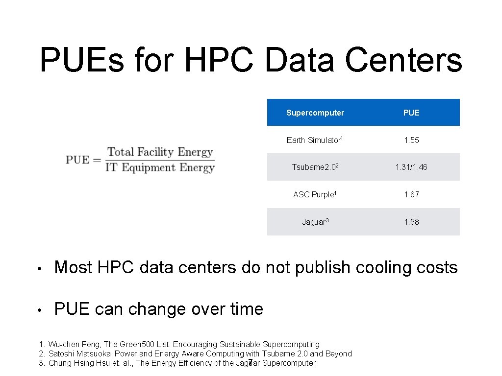 PUEs for HPC Data Centers Supercomputer PUE Earth Simulator 1 1. 55 Tsubame 2.