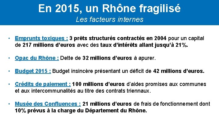 En 2015, un Rhône fragilisé Les facteurs internes • Emprunts toxiques : 3 prêts