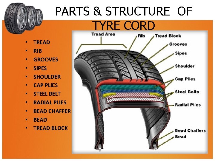 PARTS & STRUCTURE OF TYRE CORD • • • TREAD RIB GROOVES SIPES SHOULDER