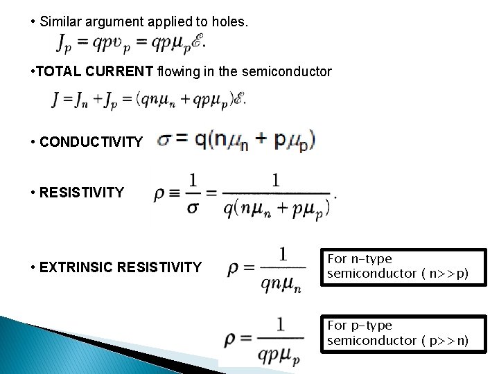  • Similar argument applied to holes. • TOTAL CURRENT flowing in the semiconductor