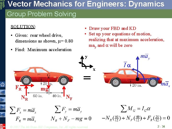 Tenth Edition Vector Mechanics for Engineers: Dynamics Group Problem Solving SOLUTION: • Given: rear