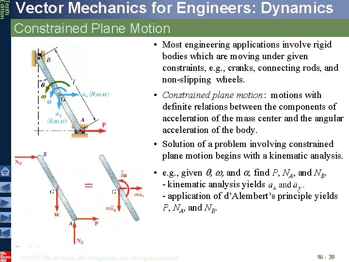 Tenth Edition Vector Mechanics for Engineers: Dynamics Constrained Plane Motion • Most engineering applications