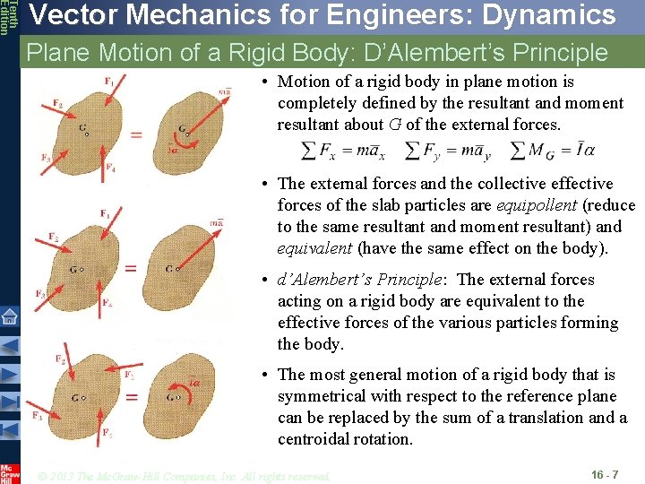 Tenth Edition Vector Mechanics for Engineers: Dynamics Plane Motion of a Rigid Body: D’Alembert’s