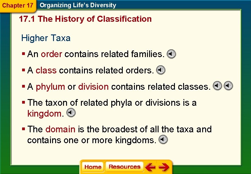 Chapter 17 Organizing Life’s Diversity 17. 1 The History of Classification Higher Taxa §