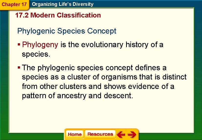 Chapter 17 Organizing Life’s Diversity 17. 2 Modern Classification Phylogenic Species Concept § Phylogeny Chapter 17 Organizing Life’s Diversity 17. 2 Modern Classification Phylogenic Species Concept § Phylogeny