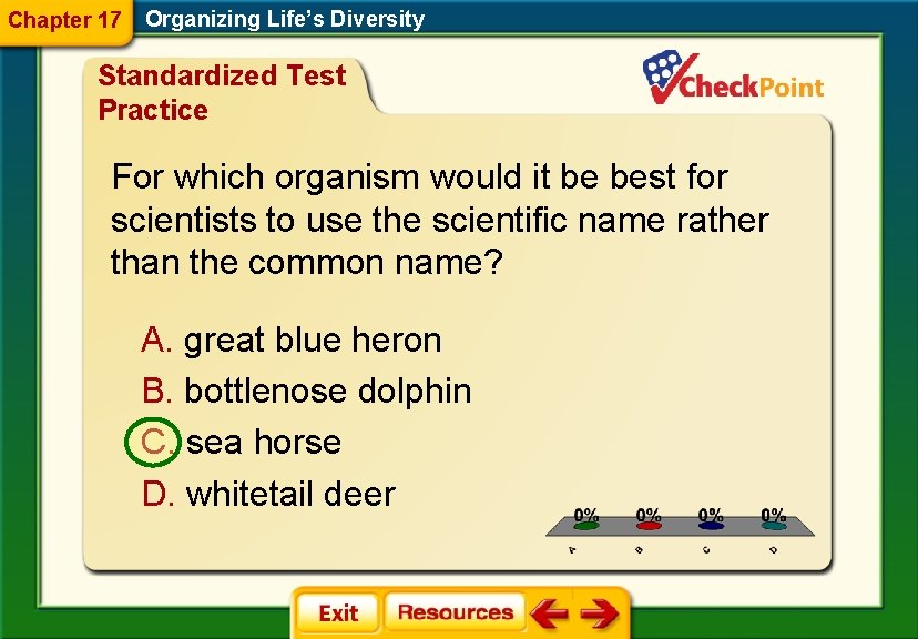 Chapter 17 Organizing Life’s Diversity Standardized Test Practice For which organism would it be