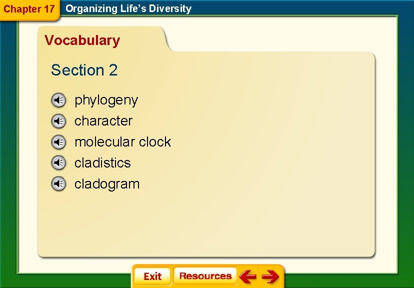 Chapter 17 Organizing Life’s Diversity Vocabulary Section 2 phylogeny character molecular clock cladistics cladogram