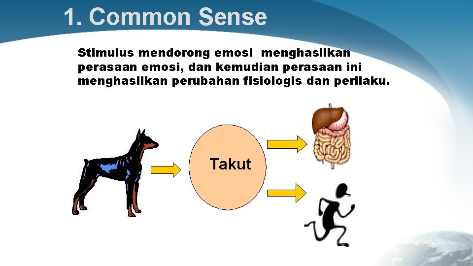 1. Common Sense Stimulus mendorong emosi menghasilkan perasaan emosi, dan kemudian perasaan ini menghasilkan