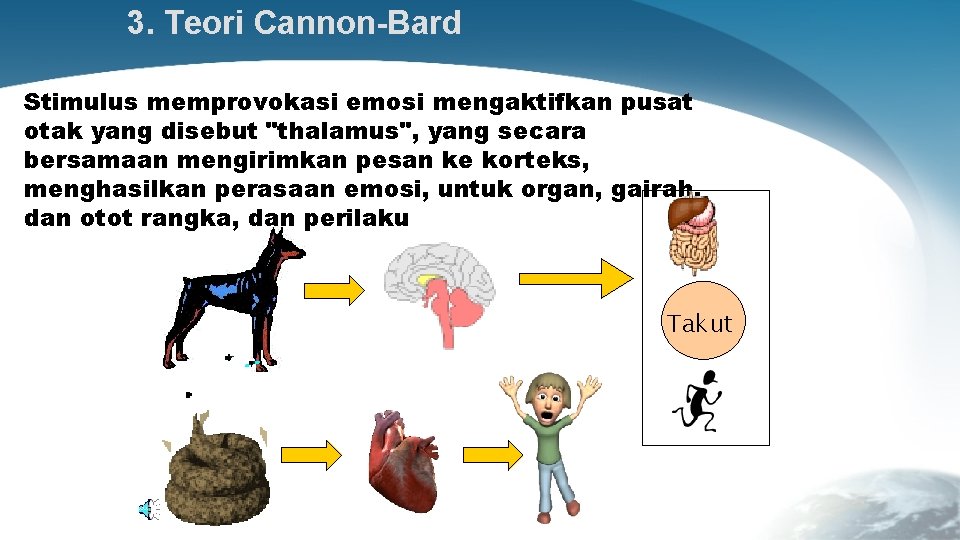 3. Teori Cannon-Bard Stimulus memprovokasi emosi mengaktifkan pusat otak yang disebut "thalamus", yang secara