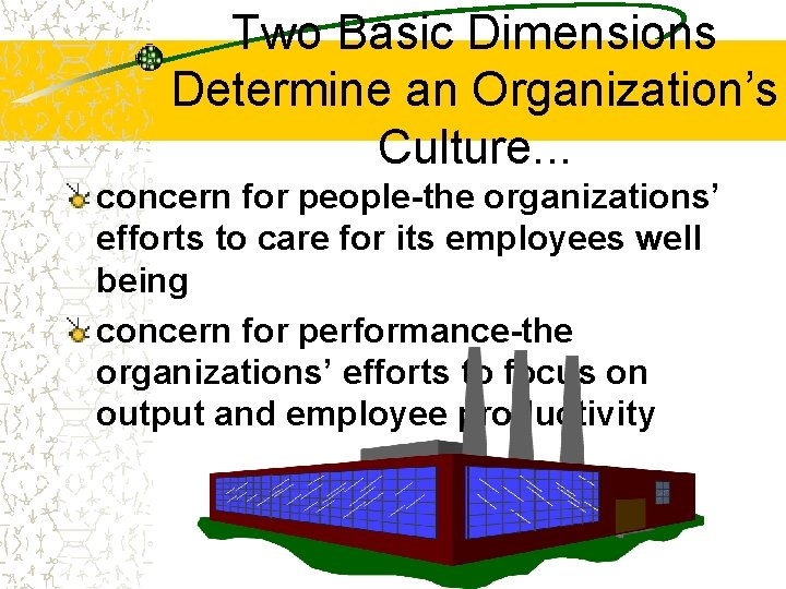 Two Basic Dimensions Determine an Organization’s Culture. . . concern for people-the organizations’ efforts