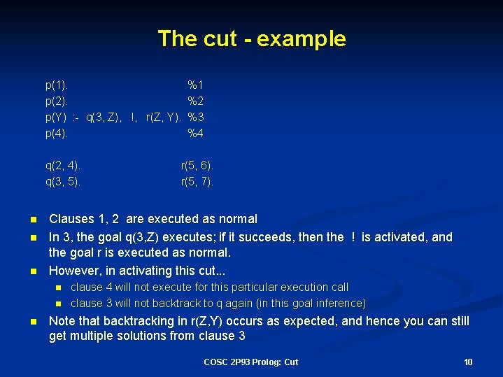 The cut - example p(1). p(2). p(Y) : - q(3, Z), !, r(Z, Y).