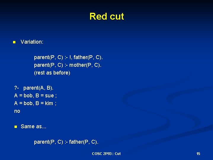 Red cut n Variation: parent(P, C) : - !, father(P, C). parent(P, C) :