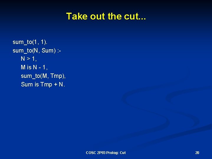 Take out the cut. . . sum_to(1, 1). sum_to(N, Sum) : N > 1,