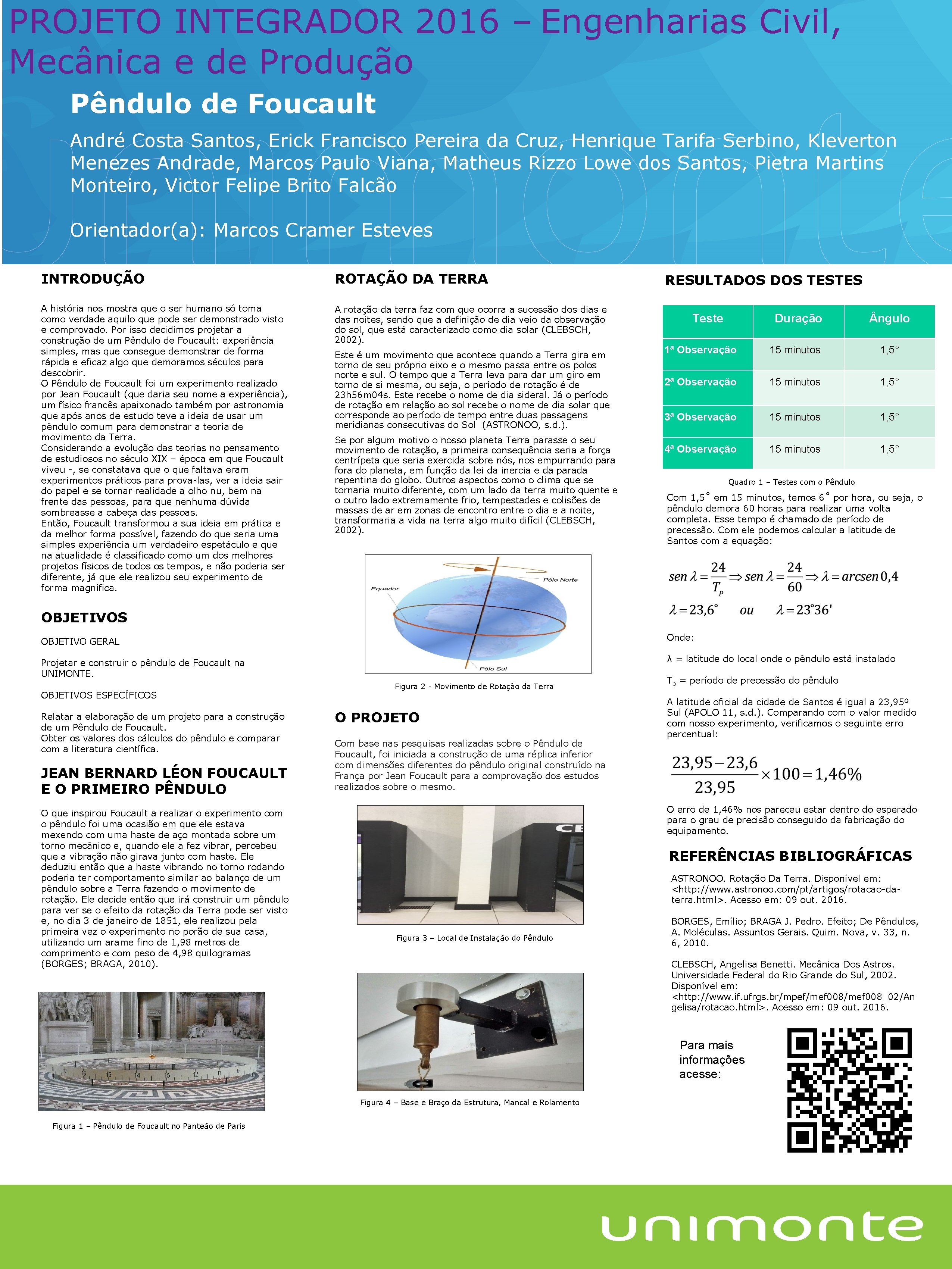 PROJETO INTEGRADOR 2016 – Engenharias Civil, Mecânica e de Produção Pêndulo de Foucault André