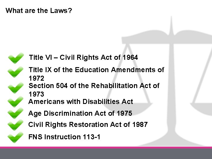 What are the Laws? Title VI – Civil Rights Act of 1964 Title IX