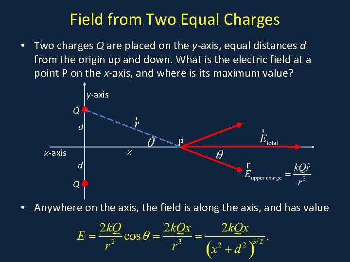 Field from Two Equal Charges • Two charges Q are placed on the y-axis,