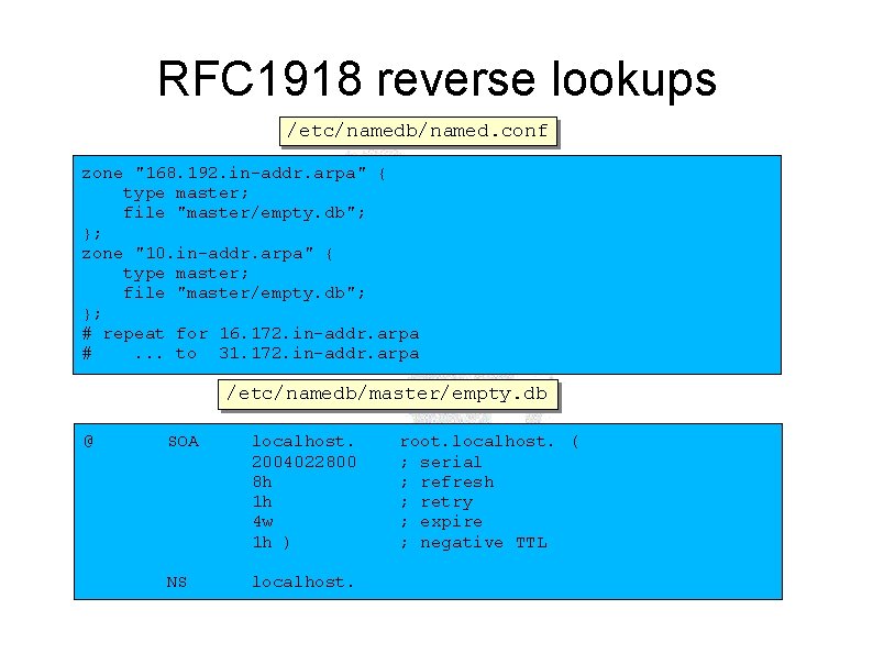 RFC 1918 reverse lookups /etc/namedb/named. conf zone "168. 192. in-addr. arpa" { type master;