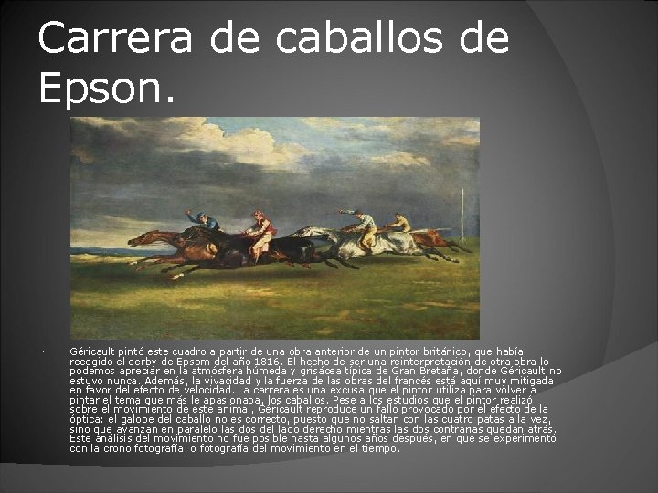 Carrera de caballos de Epson. Géricault pintó este cuadro a partir de una obra