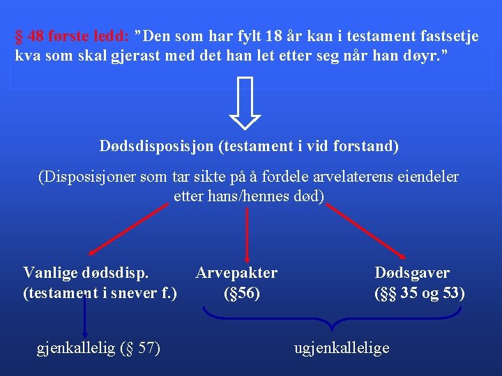 § 48 første ledd: ”Den som har fylt 18 år kan i testament fastsetje