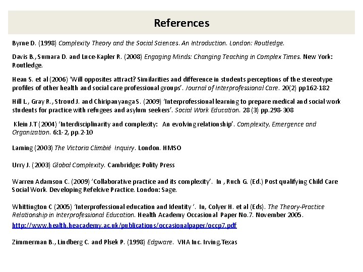 References Byrne D. (1998) Complexity Theory and the Social Sciences. An Introduction. London: Routledge.