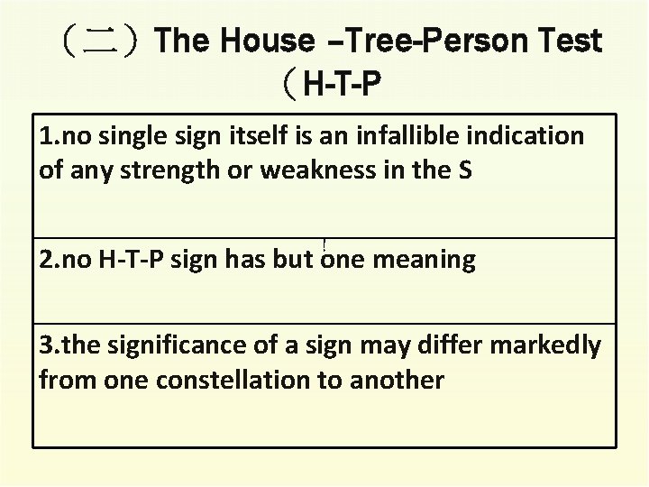 （二）The House –Tree-Person Test （H-T-P 1. no single sign itself is an infallible indication