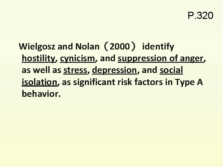 P. 320 Wielgosz and Nolan（2000） identify hostility, cynicism, and suppression of anger, as well