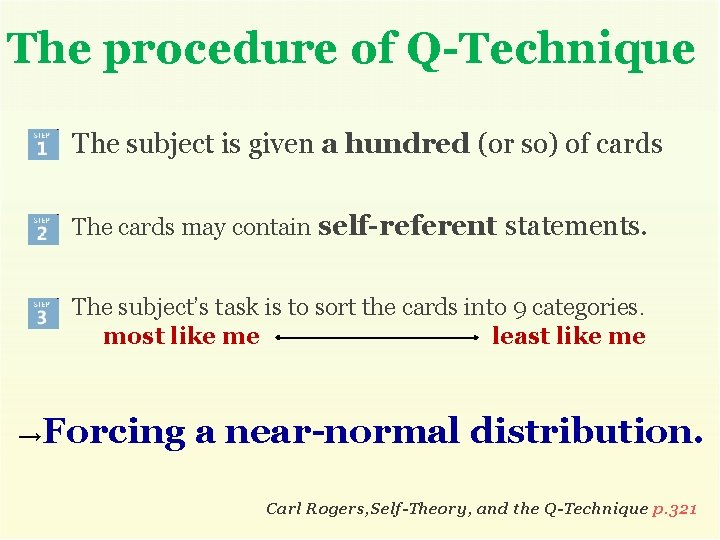 The procedure of Q-Technique The subject is given a hundred (or so) of cards
