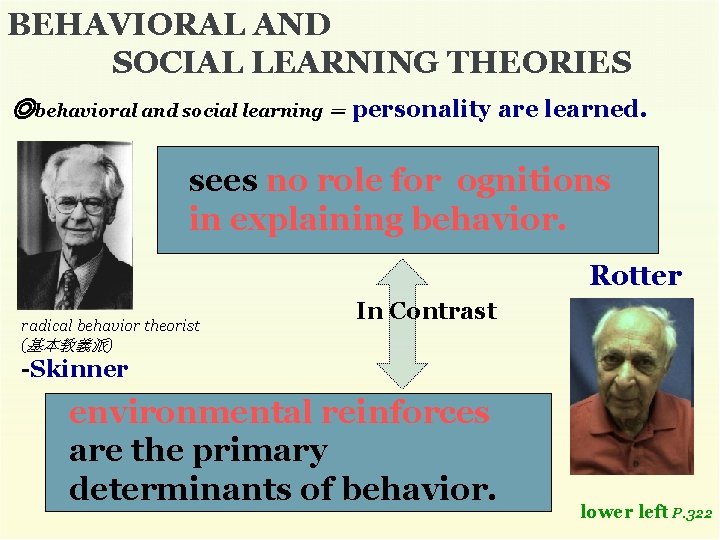 BEHAVIORAL AND SOCIAL LEARNING THEORIES ◎behavioral and social learning ＝ personality are learned. sees