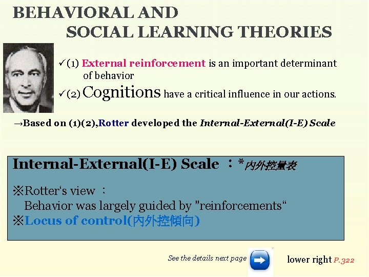 BEHAVIORAL AND SOCIAL LEARNING THEORIES ü(1) External reinforcement is an important determinant of behavior