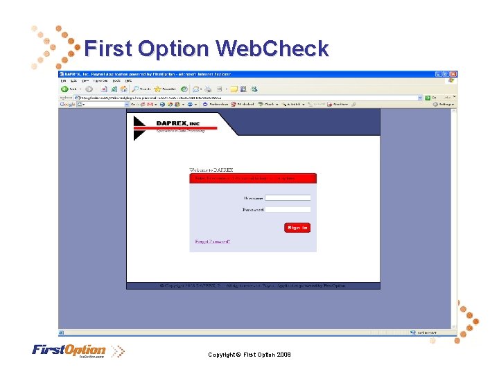 First Option Web. Check Copyright © First Option 2008 
