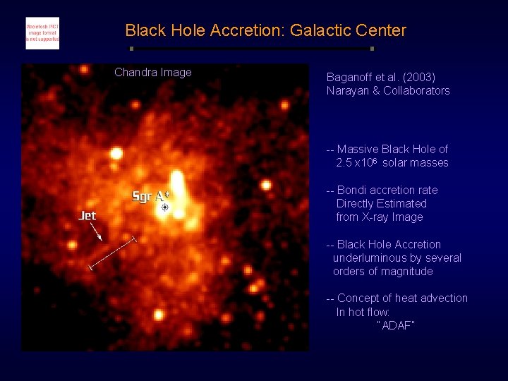 Black Hole Accretion: Galactic Center Chandra Image Baganoff et al. (2003) Narayan & Collaborators Black Hole Accretion: Galactic Center Chandra Image Baganoff et al. (2003) Narayan & Collaborators