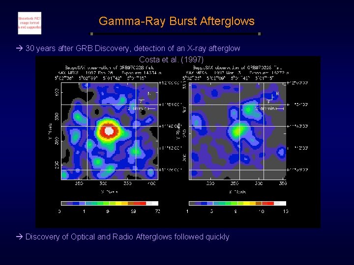 Gamma-Ray Burst Afterglows à 30 years after GRB Discovery, detection of an X-ray afterglow Gamma-Ray Burst Afterglows à 30 years after GRB Discovery, detection of an X-ray afterglow