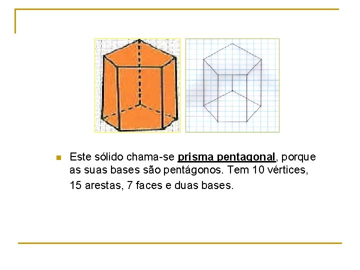 n Este sólido chama-se prisma pentagonal, porque as suas bases são pentágonos. Tem 10