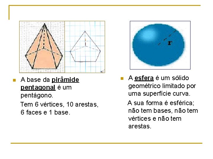 A base da pirâmide pentagonal é um pentágono. Tem 6 vértices, 10 arestas, 6