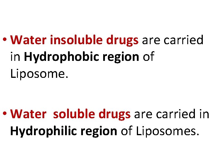  • Water insoluble drugs are carried in Hydrophobic region of Liposome. • Water