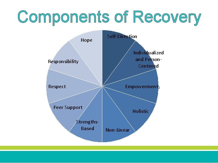 Components of Recovery Hope Self-Direction Individualized and Person. Centered Responsibility Respect Empowerment Peer Support