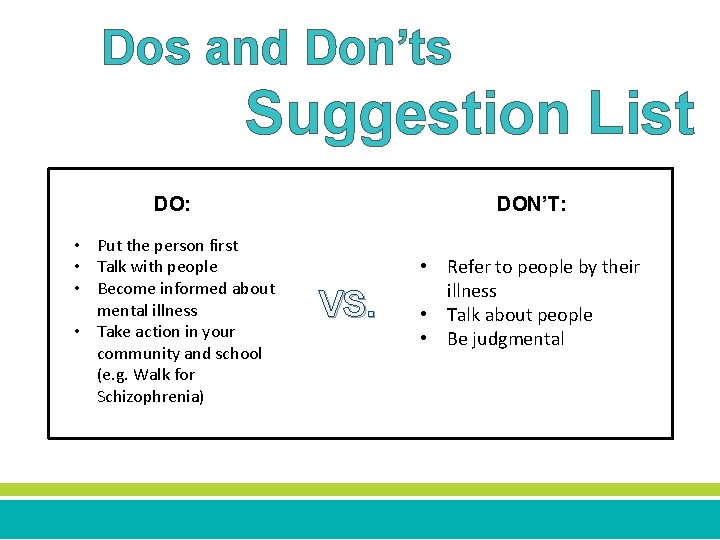 Dos and Don’ts Suggestion List DO: • Put the person first • Talk with