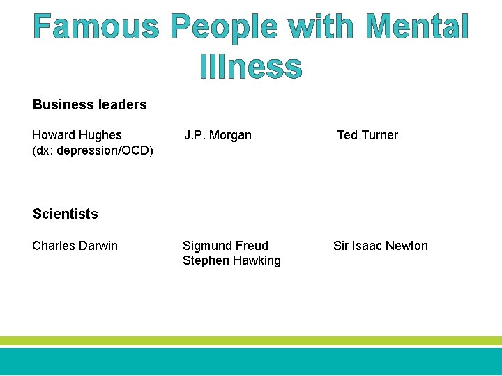 Famous People with Mental Illness Business leaders Howard Hughes (dx: depression/OCD) J. P. Morgan