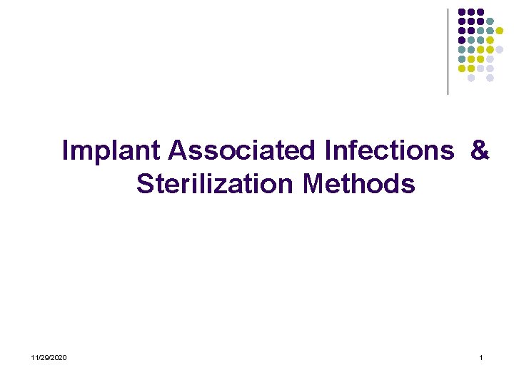 Implant Associated Infections & Sterilization Methods 11/29/2020 1 