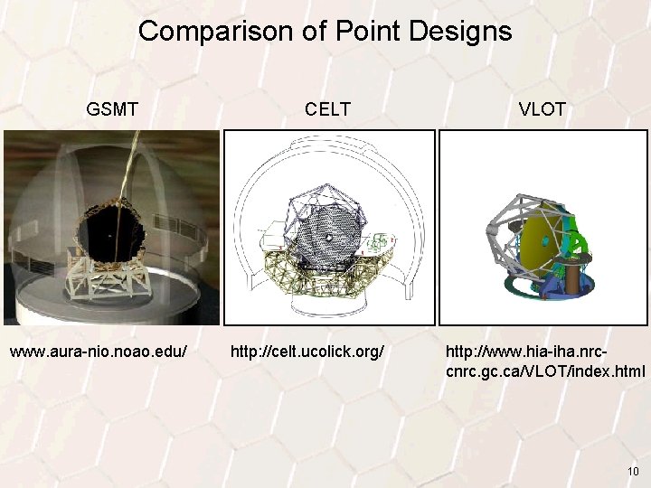 Comparison of Point Designs GSMT www. aura-nio. noao. edu/ CELT http: //celt. ucolick. org/