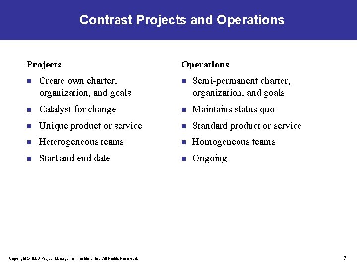 Contrast Projects and Operations Projects Operations n Create own charter, organization, and goals n