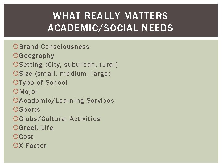 WHAT REALLY MATTERS ACADEMIC/SOCIAL NEEDS Brand Consciousness Geography Setting (City, suburban, rural) Size (small,