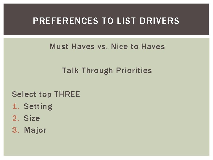 PREFERENCES TO LIST DRIVERS Must Haves vs. Nice to Haves Talk Through Priorities Select