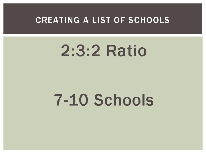 CREATING A LIST OF SCHOOLS 2: 3: 2 Ratio 7 -10 Schools 