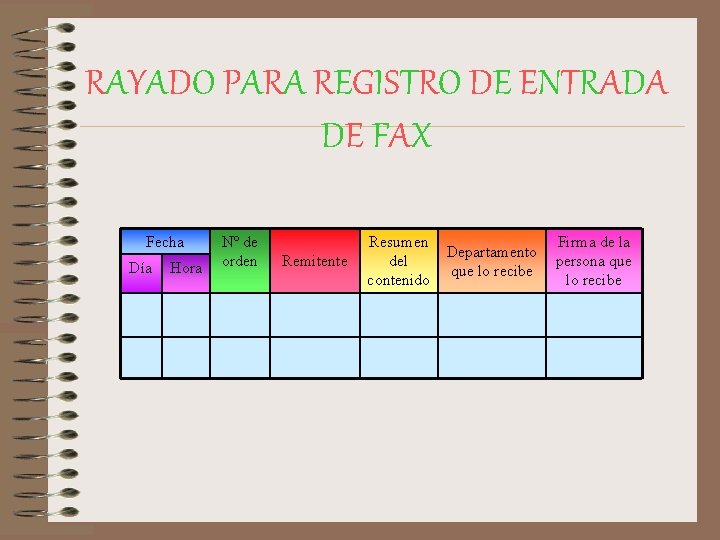 RAYADO PARA REGISTRO DE ENTRADA DE FAX Fecha Día Hora Nº de orden Remitente