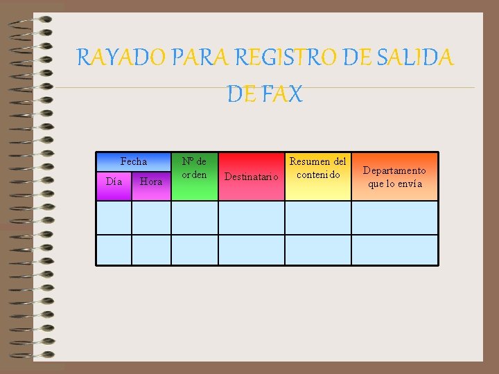 RAYADO PARA REGISTRO DE SALIDA DE FAX Fecha Día Hora Nº de orden Resumen