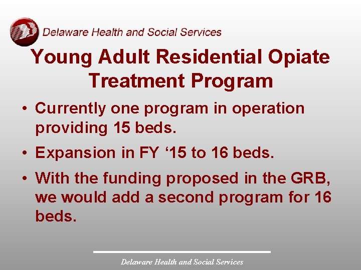 Young Adult Residential Opiate Treatment Program • Currently one program in operation providing 15