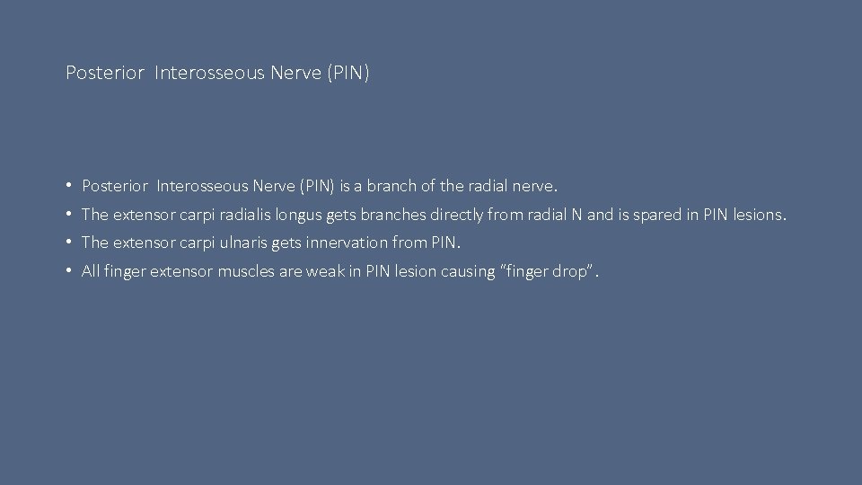 Posterior Interosseous Nerve (PIN) • Posterior Interosseous Nerve (PIN) is a branch of the