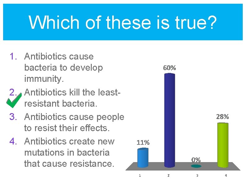 Which of these is true? 1. Antibiotics cause bacteria to develop immunity. 2. Antibiotics
